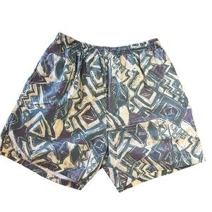 men’s vintage mesh lined swim trunks blue green geometric size medium beach swim